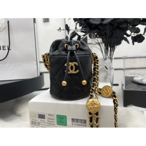 Borsa Chanel con coulisse in metallo dorato A68081 nera