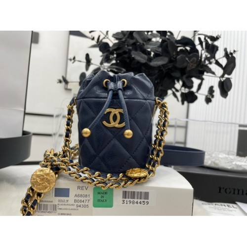Borsa Chanel con coulisse in metallo dorato A68081 blu scuro
