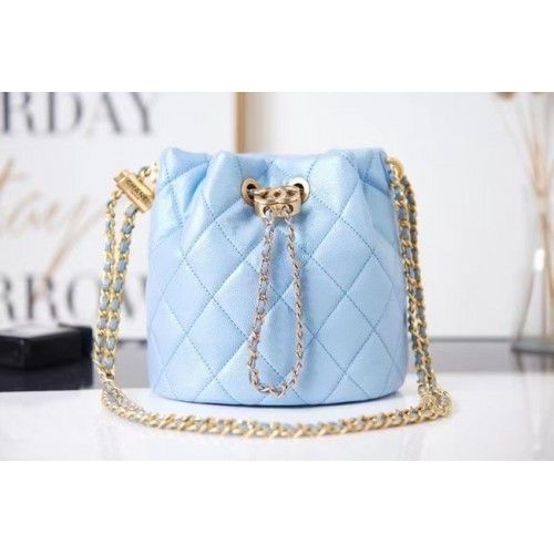 Borsa Chanel con coulisse Pelle di vitello granulata Gold Metal AS2859 azzurro