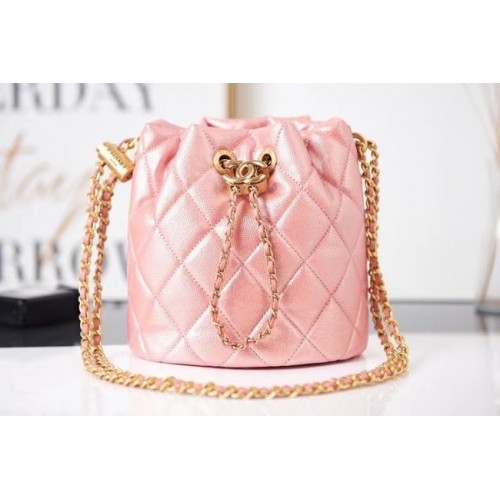 Borsa Chanel con coulisse in pelle di vitello grana metallo dorato AS2859 rosa