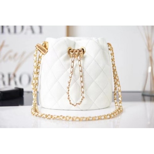 Borsa Chanel con coulisse in pelle di vitello grana metallo dorato AS2859 bianco