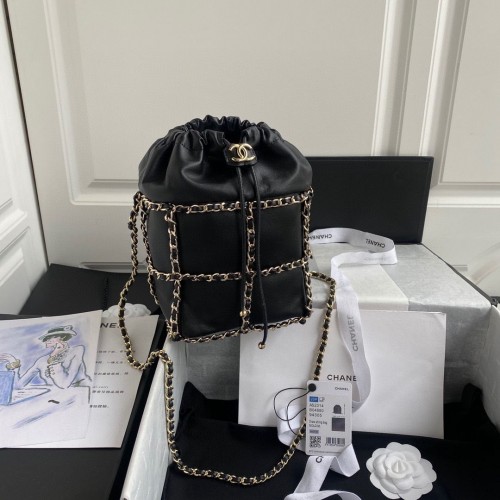 Borsa Chanel con coulisse in pelle di agnello in metallo dorato AS2314 AS2313 nera