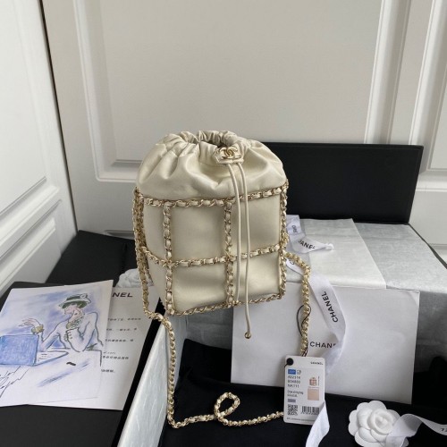 Borsa Chanel con coulisse Pelle di agnello Metallo dorato AS2314 AS2313 Bianco
