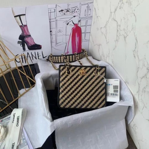 Borsa Chanel con coulisse Rafia Filo di iuta Metallo color oro Nero Beige AS2421