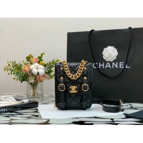 Chanel FLAP BAG Pelle di vitello invecchiata Metallo color oro AS2695 Nero