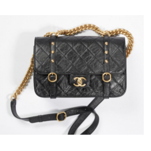 Chanel FLAP BAG Pelle di vitello invecchiata Metallo tono oro AS2696 Nero