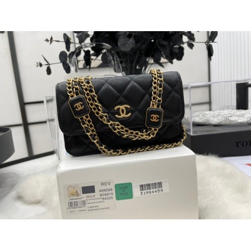 Chanel mini FLAP BAG pelle di agnello metallo tono oro A68098 nero