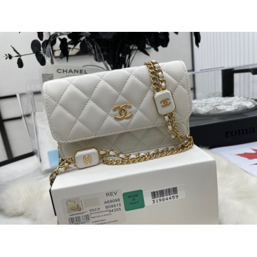 Chanel mini FLAP BAG pelle di agnello metallo tono oro A68098 bianco