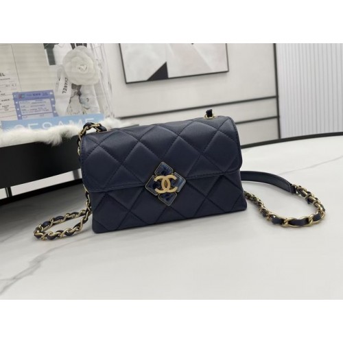 Borsa a tracolla Chanel Flap in pelle di agnello AS2556 blu scuro