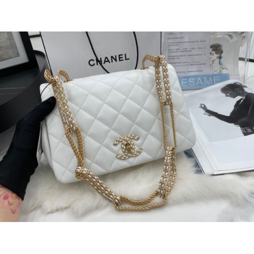 Borsa a tracolla Chanel Flap in pelle di agnello AS2976 bianca