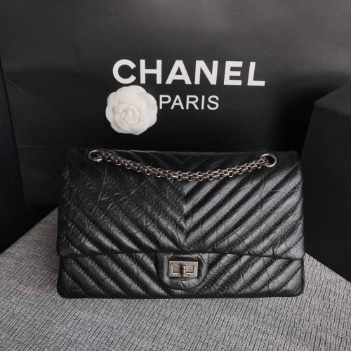 Chanel Flap originale in pelle di vacchetta 30225 catena d'argento nera