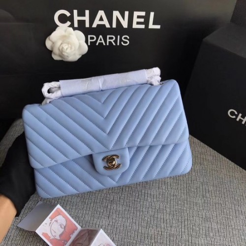 Chanel Flap Original Borsa a tracolla in pelle di pecora 1112V Catena d'argento azzurra