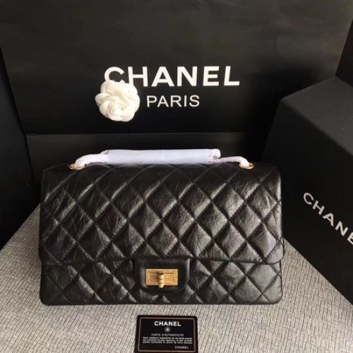Chanel Borsa a tracolla con patta nera in pelle di vitello originale 277 oro