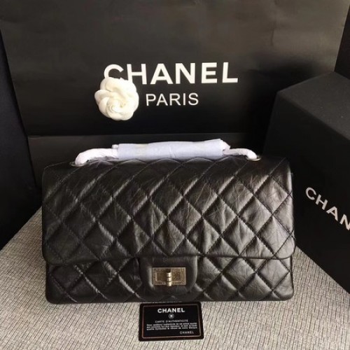 Chanel Borsa a tracolla con patta nera in pelle di vitello originale 277 argento