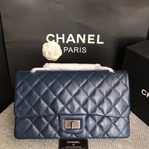 Borsa a tracolla con patta Chanel blu pelle di vitello originale 277 argento