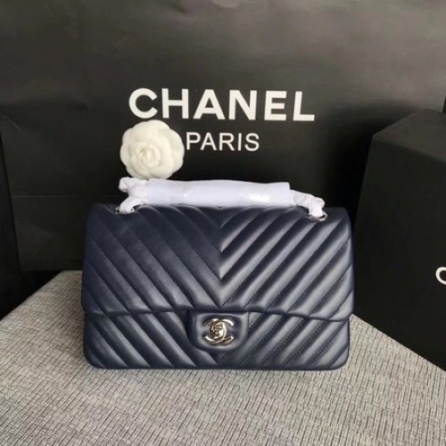 Borsa a tracolla con patta Chanel blu scuro pelle di montone originale CF1112V argento