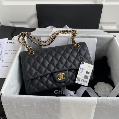 Borsa a tracolla con patta Chanel in pelle di caviale grana A01112 metallo tono oro nero