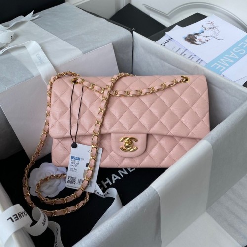 Borsa a tracolla con patta Chanel Pelle di vitello granulata A01112 metallo color oro rosa