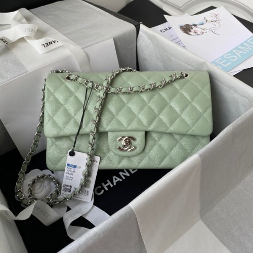 Borsa a tracolla con patta Chanel Pelle di vitello granulata A01112 Verde metallo tono argento
