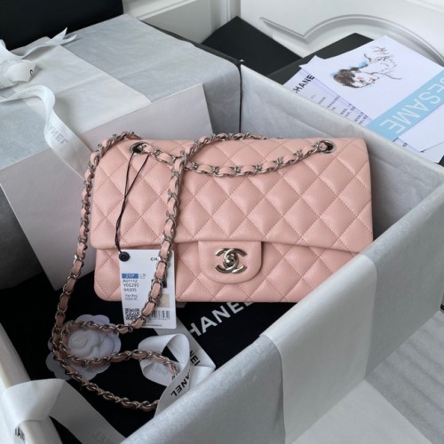 Borsa a tracolla con patta Chanel Pelle di vitello granulata A01112 Tono argento Metallo rosa