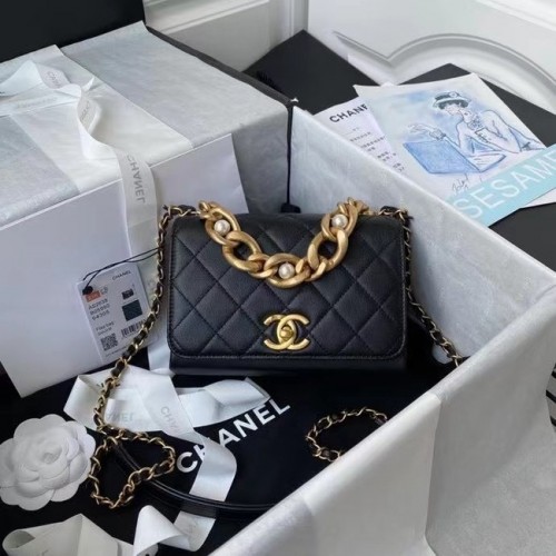 Borsa a tracolla con patta Chanel Pelle originale AS2638 nera