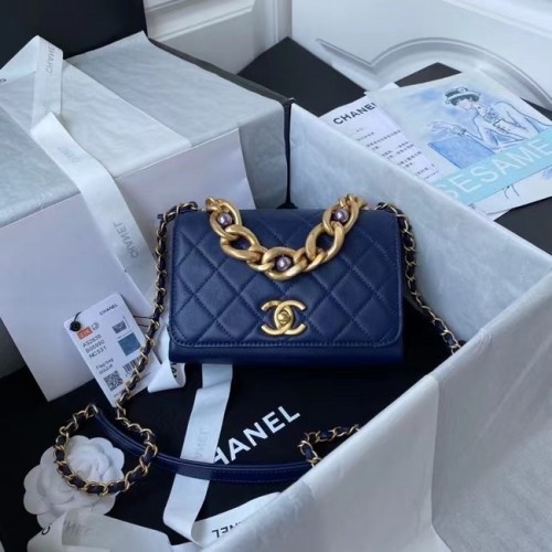 Chanel Flap Borsa a tracolla in pelle originale AS2638 blu