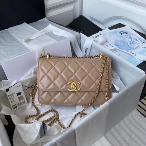 Borsa a tracolla con patta Chanel Pelle originale AS2649 Albicocca