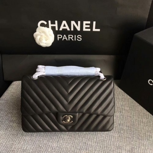 Borse a tracolla con patta Chanel nere pelle di pecora originale CF1112 argento