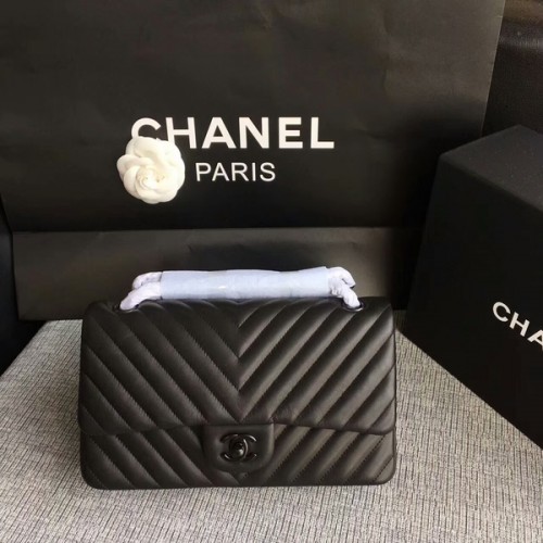 Chanel Borse a spalla con patta nera pelle di pecora originale CF1112