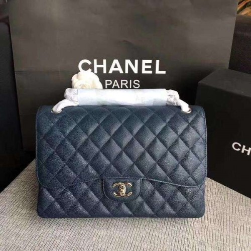 Borse a tracolla con patta Chanel blu scuro pelle di vitello originale CF1113 argento