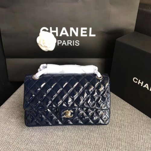 Borse a tracolla con patta Chanel blu scuro pelle verniciata originale CF1112 argento