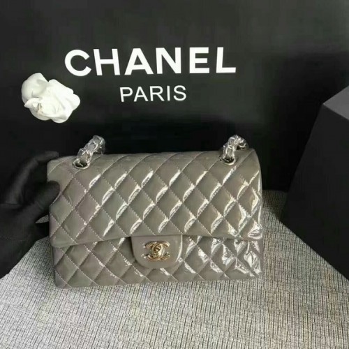 Borse a spalla con patta Chanel Grigio Pelle verniciata originale CF1112 Argento