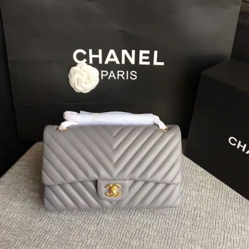 Borse a spalla con patta Chanel Grigio pelle di pecora originale CF1112 oro