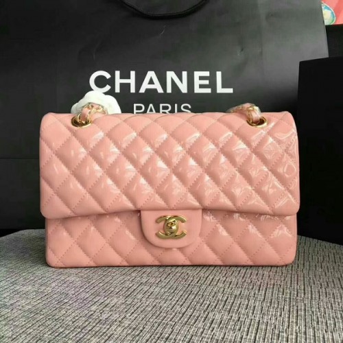 Borse a spalla con patta Chanel rosa chiaro pelle verniciata originale CF1112 oro