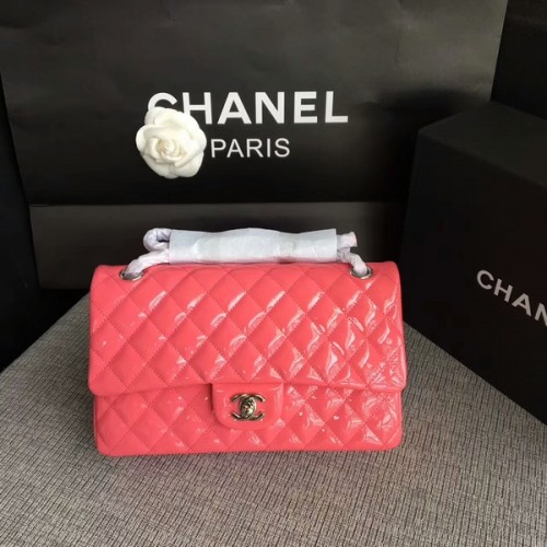 Borse a spalla con patta Chanel rosa pelle verniciata originale CF1112 argento