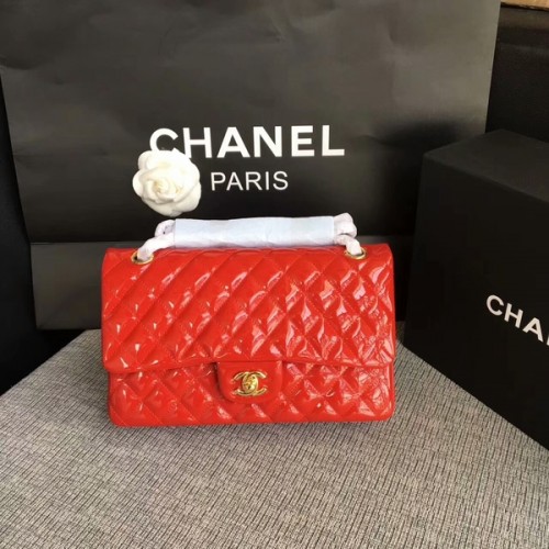 Borse a tracolla con patta Chanel in pelle verniciata rossa originale CF1112 oro