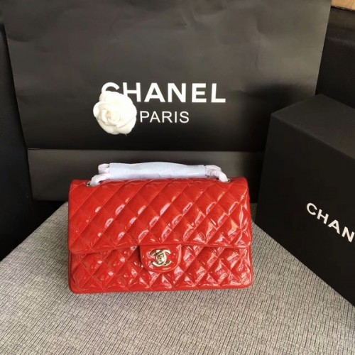 Borse a spalla con patta Chanel Rosso Pelle verniciata originale CF1112 Argento