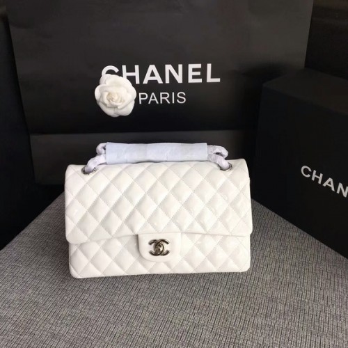 Borse a spalla con patta Chanel Bianco Pelle verniciata originale CF1112 Argento