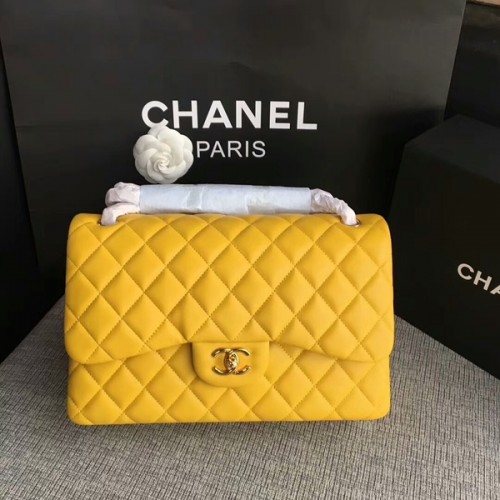 Borse a spalla con patta Chanel Giallo Pelle di agnello originale CF1113 Glod