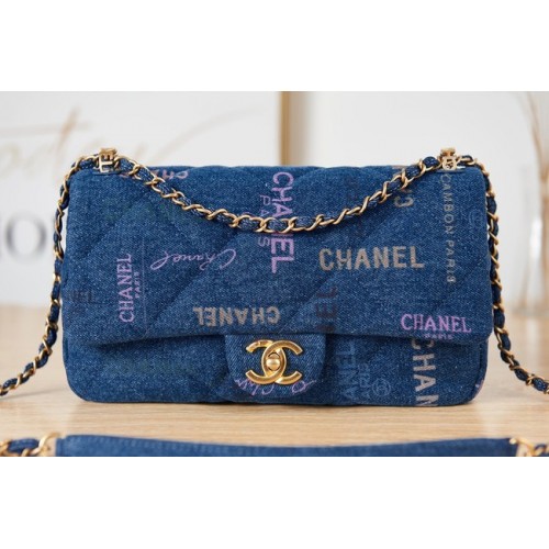 Borsa a tracolla in denim con patta Chanel AS3135 blu