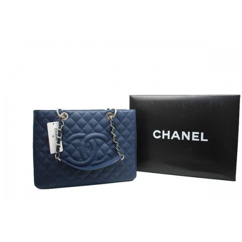 Borsa Coco in pelle di caviale Chanel GST A36092 argento blu scuro