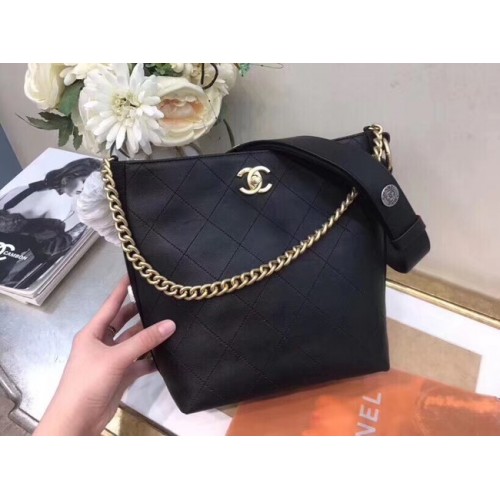 Borsa Chanel Hobo Pelle di vitello Grosgrain Metallo tono oro A57576 nera