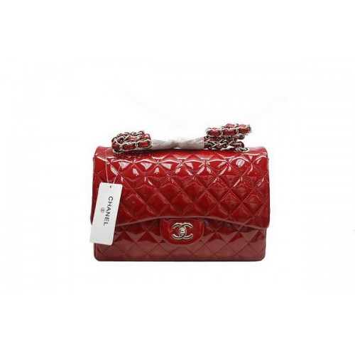 Borsa Chanel Jumbo Double Flaps A36097 Rossa Pelle Verniciata Originale Argento
