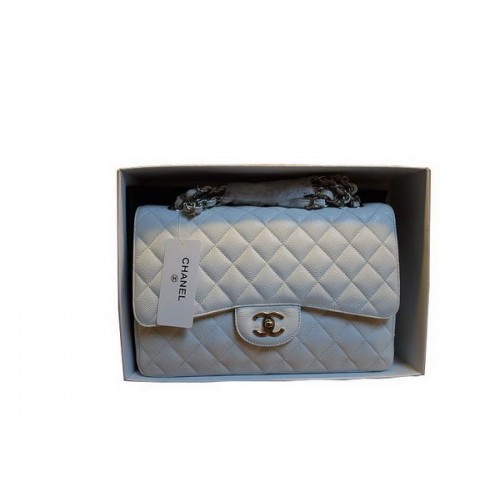 Borsa Chanel Jumbo Double Flaps A36097 Bianco Original Caviar Leather Silver