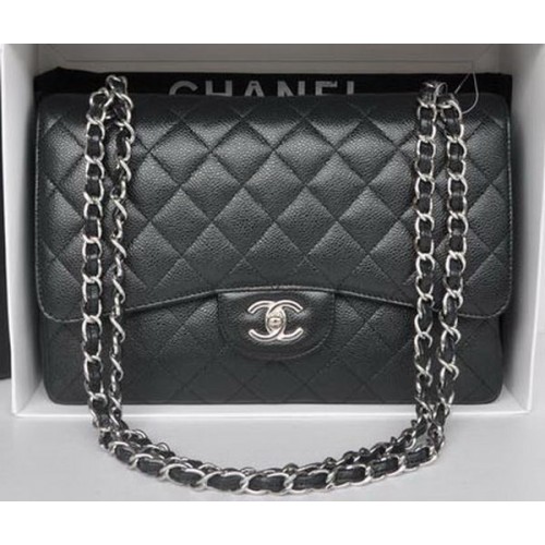Borsa Chanel Jumbo a doppia patta nera modello Cannage A36097 argento