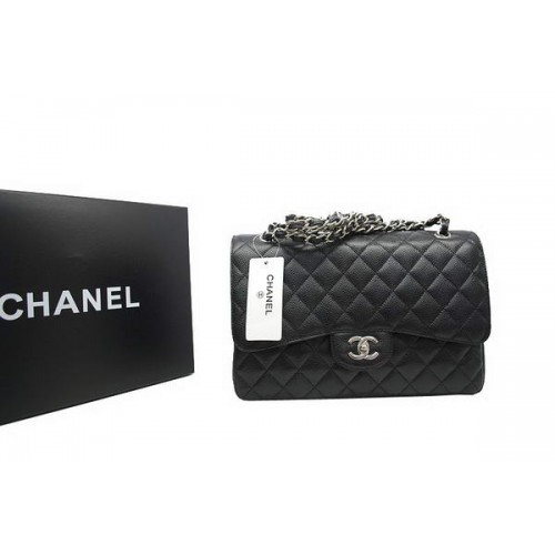 Borsa Chanel Jumbo Double Flaps Black Original Caviar Leather A36097 Argento