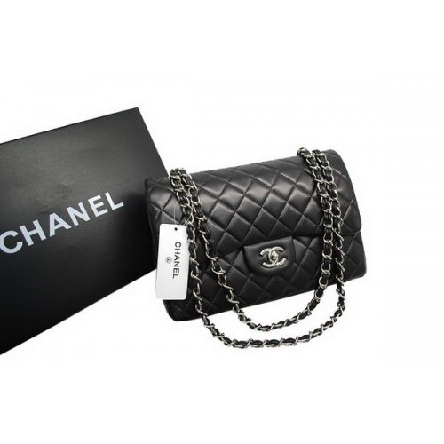 Borsa Chanel Jumbo a doppia patta nera in pelle di agnello originale A36097 argento
