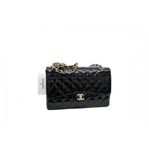 Borsa Chanel Jumbo Double Flaps Black Original Patent Leather A36097 Oro