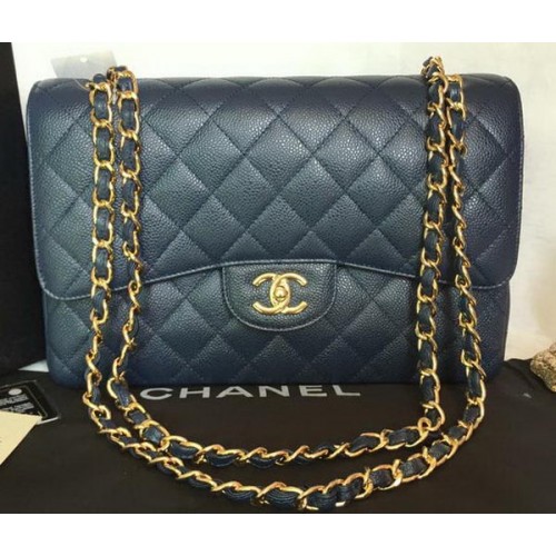 Borsa Chanel Jumbo a doppia patta Blu Modello Cannage A36097 Oro