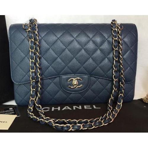 Borsa Chanel Jumbo a doppia patta Blu Modello Cannage A36097 Argento